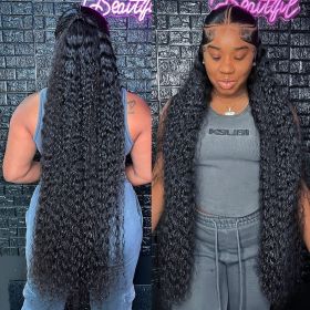 13x6 Deep Wave HD Lace Frontal Wig Human Hair Wave Water Human Hair wigs Curly 13x4 360 Lace Frontal Wigs For Black Women (Stretched Length, Density: 32inches, 150%, Color: 360 Hd Lace Wig)